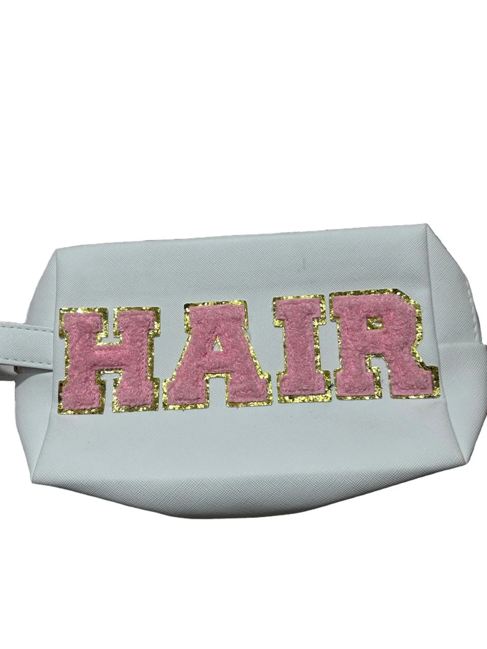 White Hair Travel Pouch with Pink Lettering